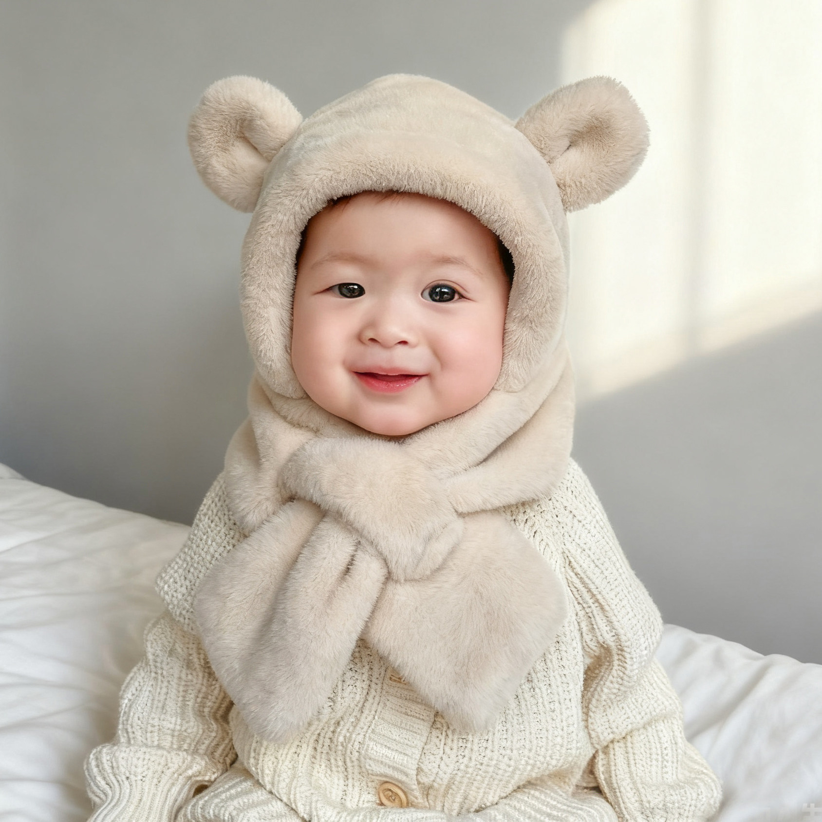 ชุดหมวกและผ้าพันคอสำหรับทารก หมวกป้องกันหูบุขนหนาอบอุ่นสำหรับทารกและเด็กวัยหัดเดิน สีพื้น น่ารัก เหมาะสำหรับเด็กวัยสองขวบ