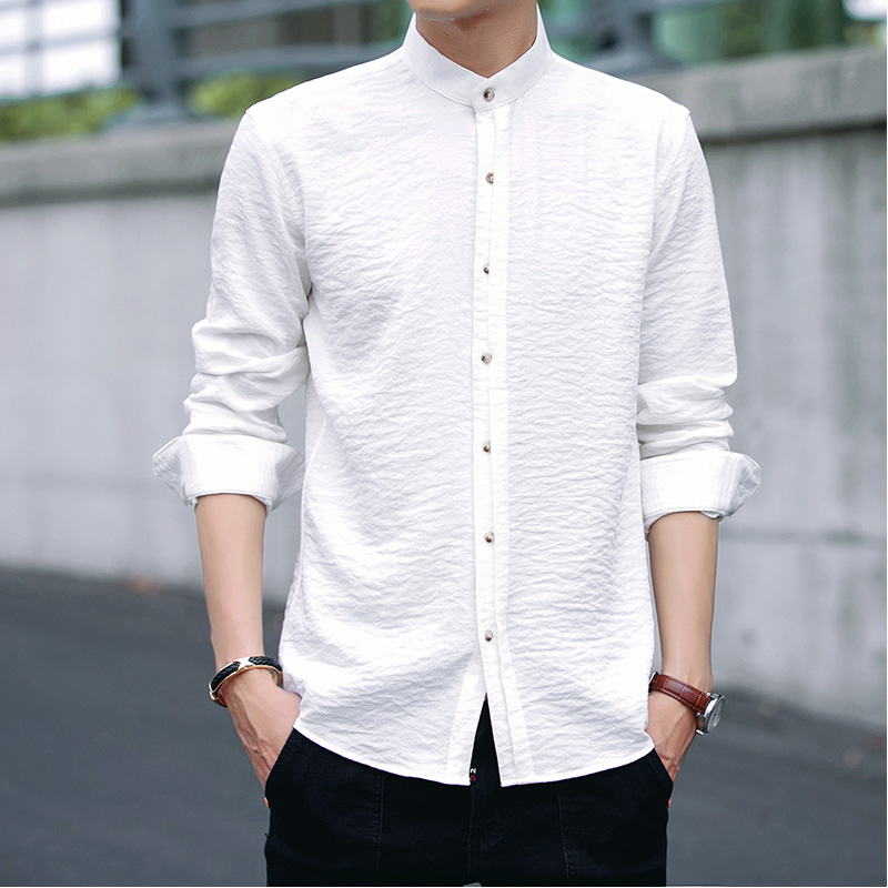 Men white shirt秋新款男士修身立领长袖衬衫大码纯色韩版衬衣男