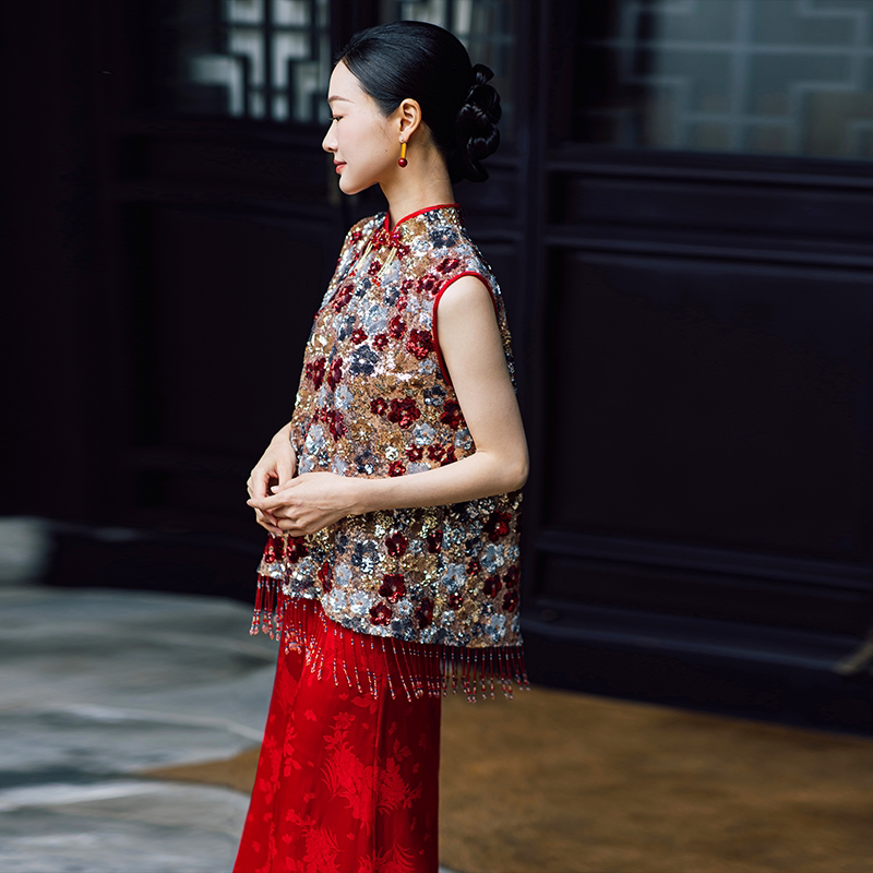 Retro-Style New Chinese-Style Stand-Collar Sleeveless Red Sequin Floral Tassel Mid-Length Toast Dress Bridal Engagement Dress Retro-Style New Chinese-Style Stand-Collar Sleeveless Red Sequin Floral Tassel Mid-Length Toast Dress Bridal Engagement Dress