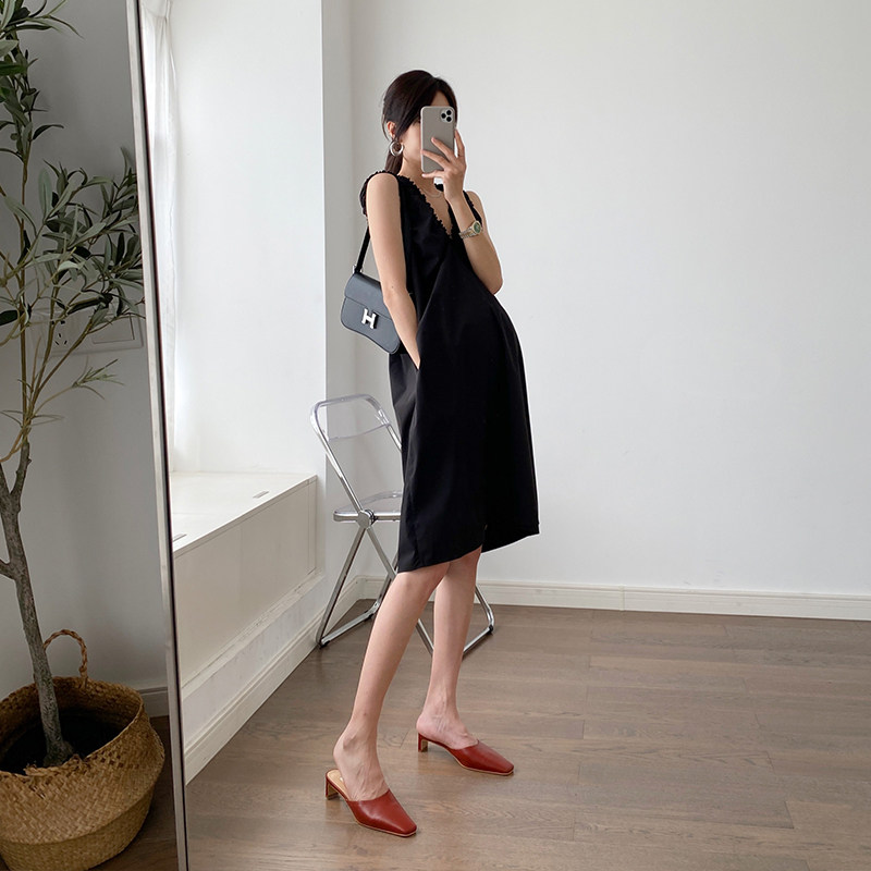 Golden Cocoon Maternity Summer Dress Loose Fashion V-neck Sleeveless Cocoon Trendy Mama Dress Summer Temperament Little Black Dress - Taobao