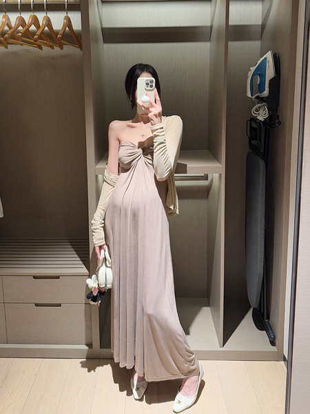 Golden Cocoon Stylish Maternity Dress New Style Pregnant Women's Dress Summer French Style Gown Strapless Dress