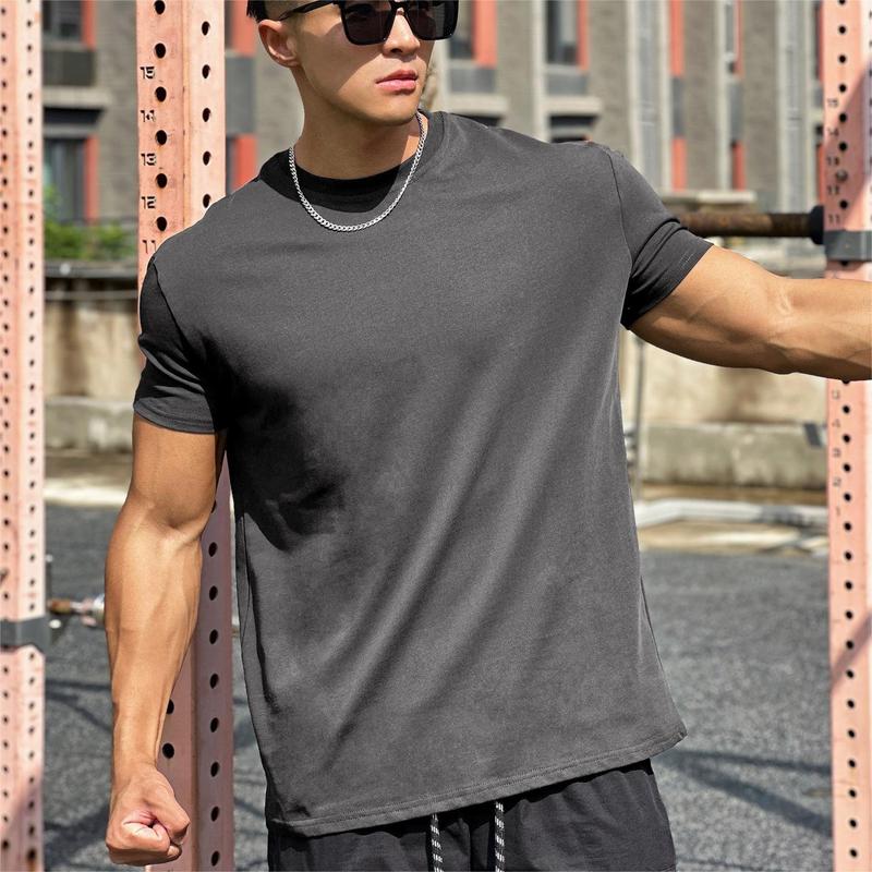 Men's Summer Fitness Sports Short-Sleeved T-Shirt with Cuffed Sleeves, Small Neckline, Regular Shoulders, Heavy Cotton, Sweat-Absorbent, Breathable, and Flattering