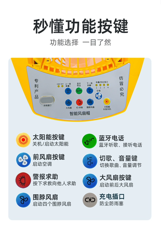 Mũ bảo hiểm sáu quạt với điều hòa không khí và điện lạnh kép đa chức năng chống nắng và đai làm mát với đèn pha Bluetooth năng lượng mặt trời sạc