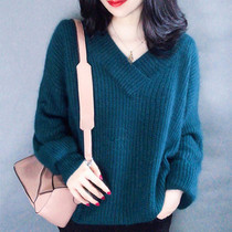 Heavy thickened lazy V-neck sweater womens loose pullover base sweater