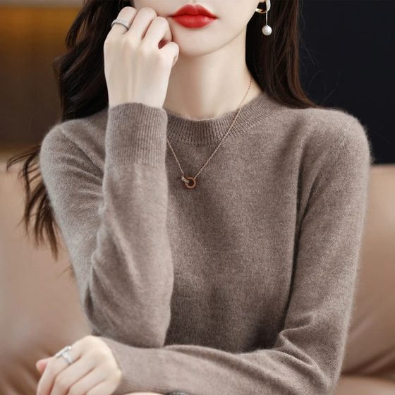 100% cashmere sweater autumn and winter round neck knitted bottoming sweater slim fit inner wool sweater for women