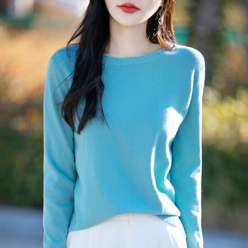 100% Pure Cotton Round Neck Knit Base Shirt for Women, Thin Sweater, Lightweight and Comfortable, Stylish Inner Wear, All-Cotton Yarn