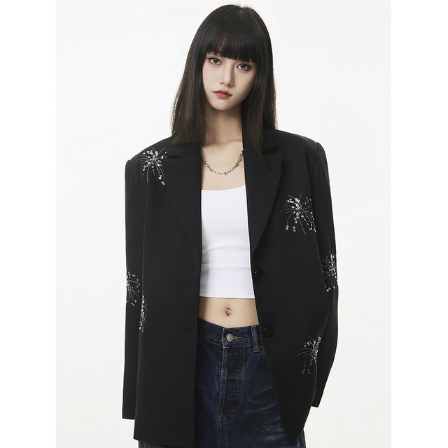 SeeU Xiyou Heavy Industry Fireworks Embroidered Beads Suit Jacket Black Slim Personality Loose Design Suit Women
