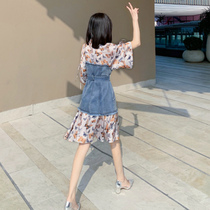  Special off-code clearance 2021 new womens summer waist thin temperament French stitching denim floral dress
