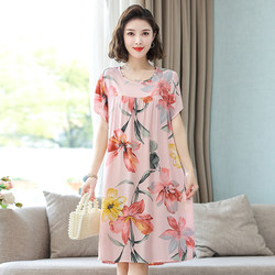 Summer new cotton silk sleeved nightgown short-sleeved nightgown loose large size comfort cotton silk mid-length artificial cotton home wear dress