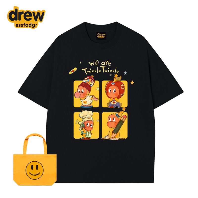 Drew American Fashion Brand Star Man Fun Cartoon Print Short-Sleeved T-Shirt for Men and Women Casual Loose Couple Tops Summer