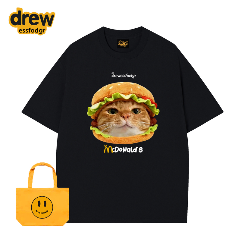 Drew American-Style Fun Orange Cat Burger Print Heavyweight Short-Sleeve T-Shirt Unisex Loose Trendy Couple Pure Cotton Top Drew American-Style Fun Orange Cat Burger Print Heavyweight Short-Sleeve T-Shirt Unisex Loose Trendy Couple Pure Cotton Top