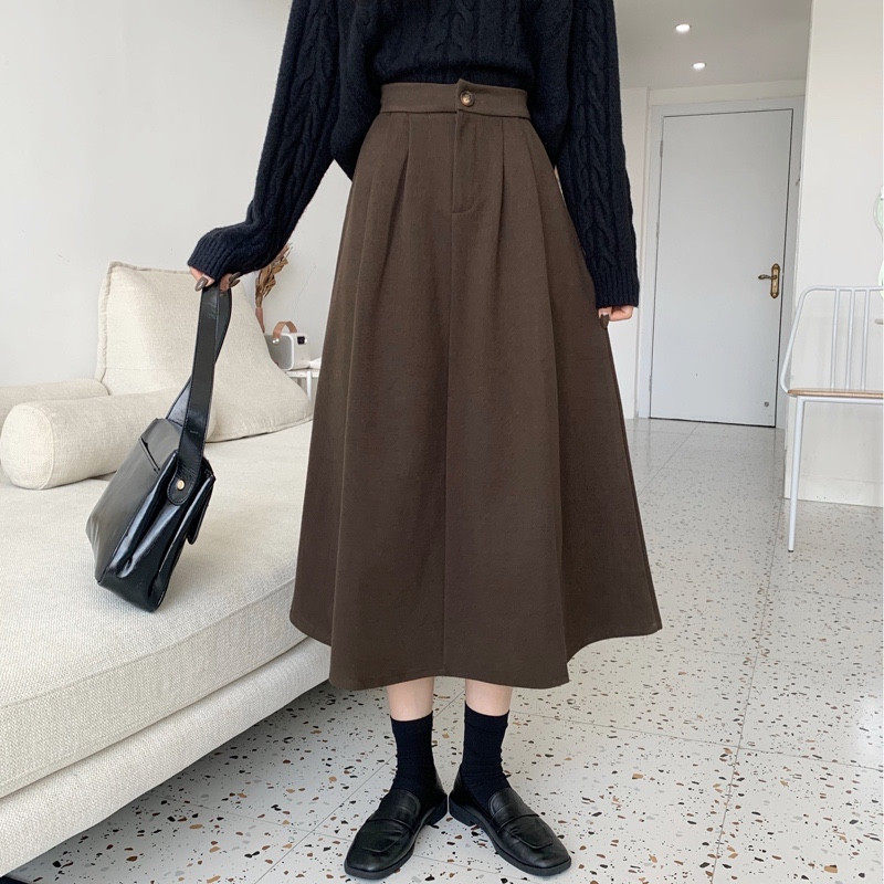 2021 autumn and winter New pear shape body woolen skirt women big size fat mm slim waist cover hip A- line dress