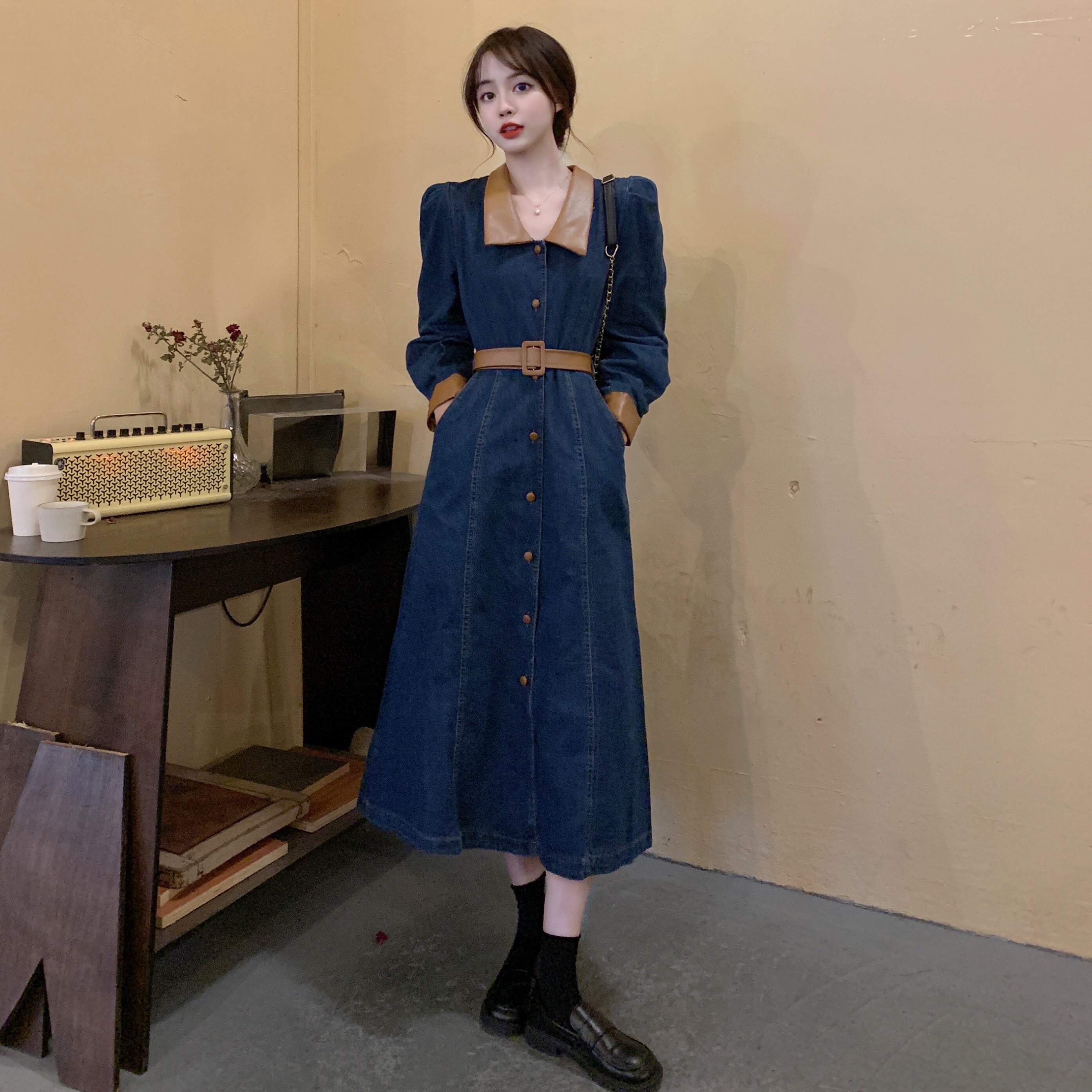 Large size women's 2021 autumn new vintage lapel long version waist single-breasted dress fat mm dark blue denim skirt