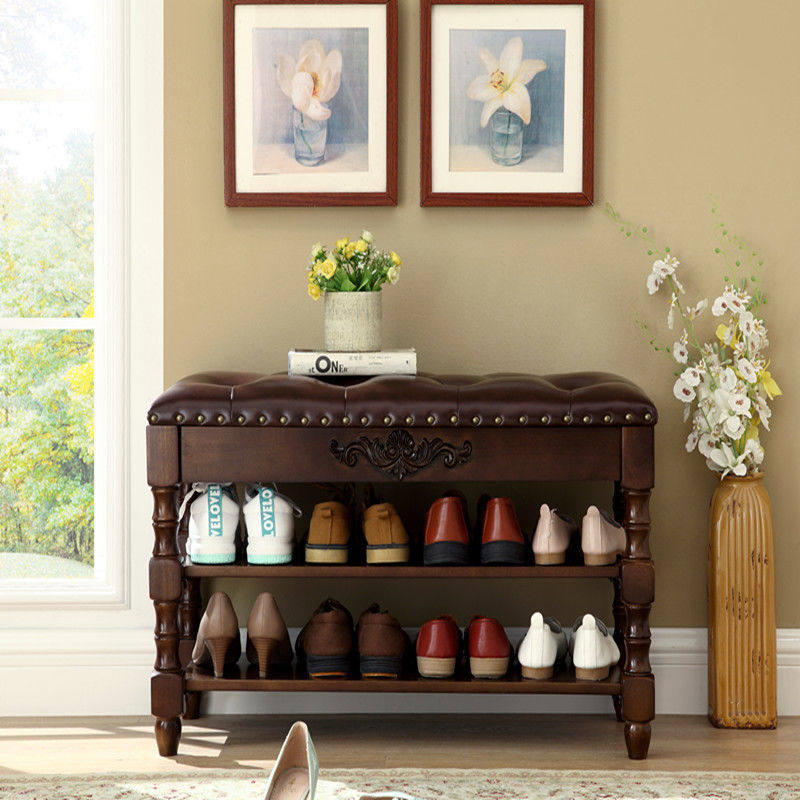 American Xuanguan Multi-functional containing storage stool solid wood changing shoes stool wearing a shoe stool simple shoe rack European-style home shoe cabinet
