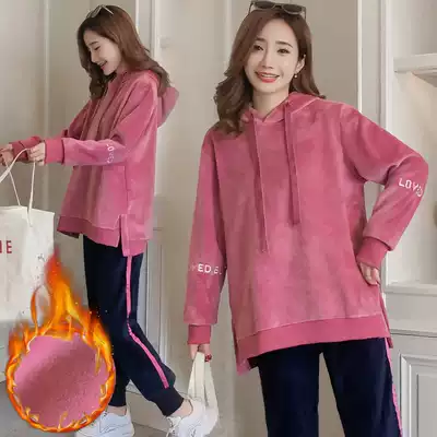 Pregnant women autumn and winter style set fashion 2021 new winter wear plus velvet thick gold velvet casual thick cotton two-piece set