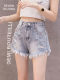 Beaded raw edges ripped denim shorts wide leg hot pants