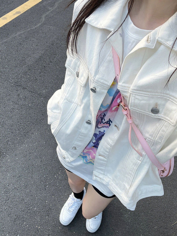 Korean Style Loose White Denim Jacket for Women Vintage Spring and Autumn New Small Size Workwear Lapel Casual Jacket