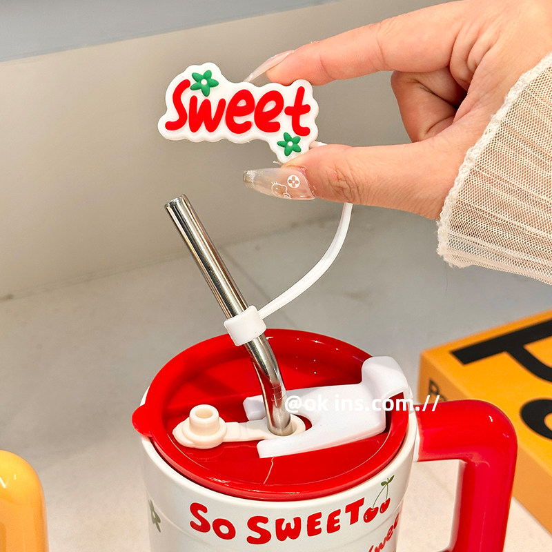 Giant Large-Capacity Dopamine Straw Cup with Handle, New Ceramic Ice Cup, High-Value Double-Drink Cup for Girls