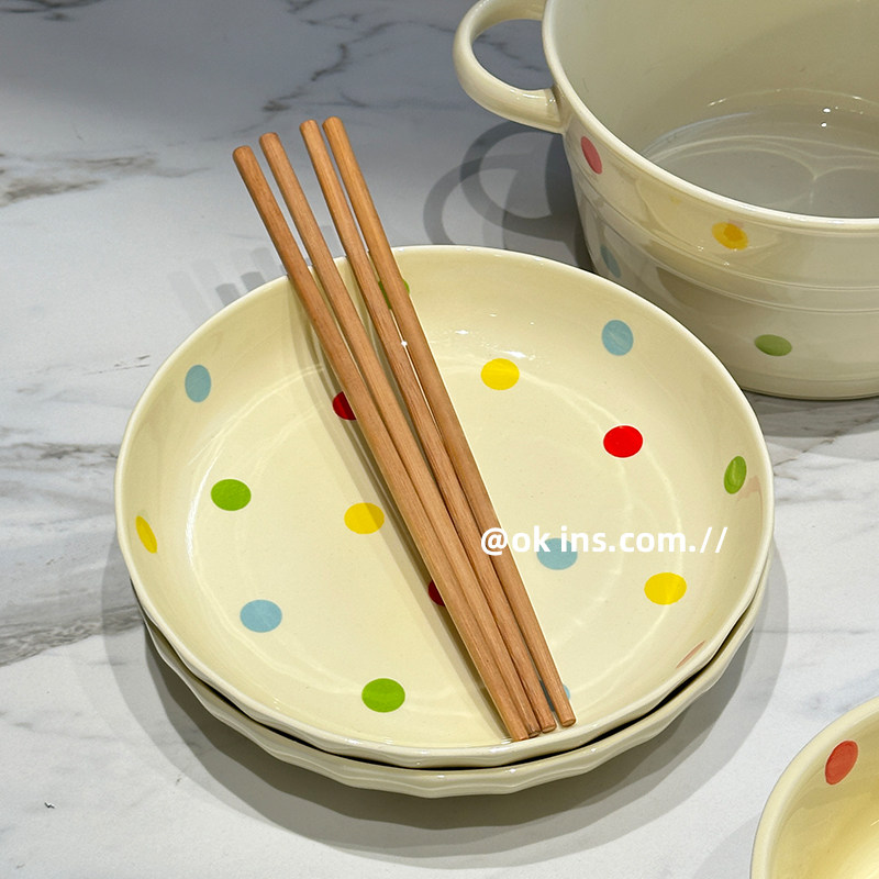 Polka Dot Cute Ceramic Tableware Set Bowl and Plate Rice Bowl Single-Serving Bowl and Plate Set Household Chopsticks Spoon