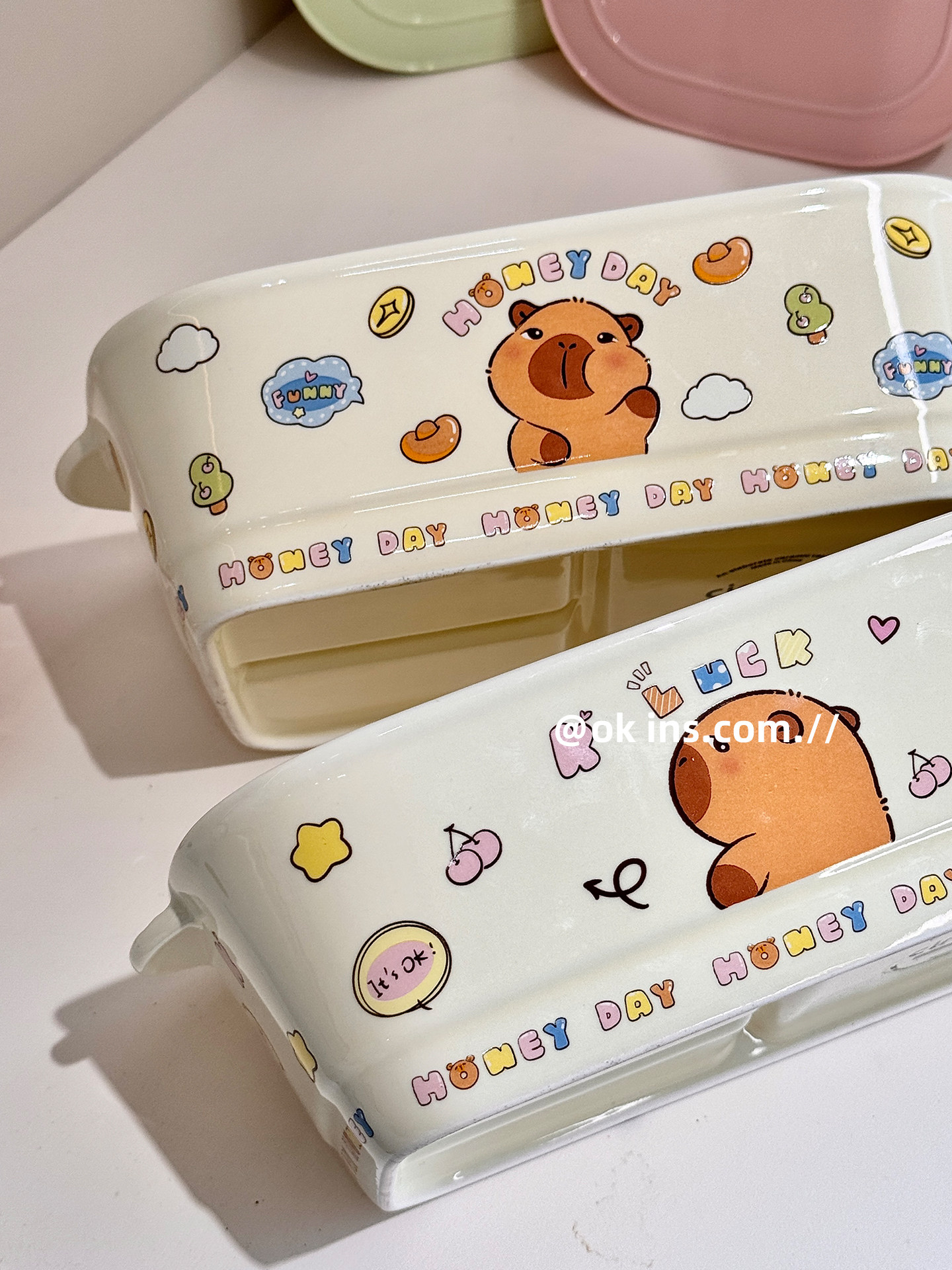 Kapibala Divided Lunch Box with Lid, Student-Specific 2025 New Model Ceramic Bento Box with Lunch Box and Cutlery