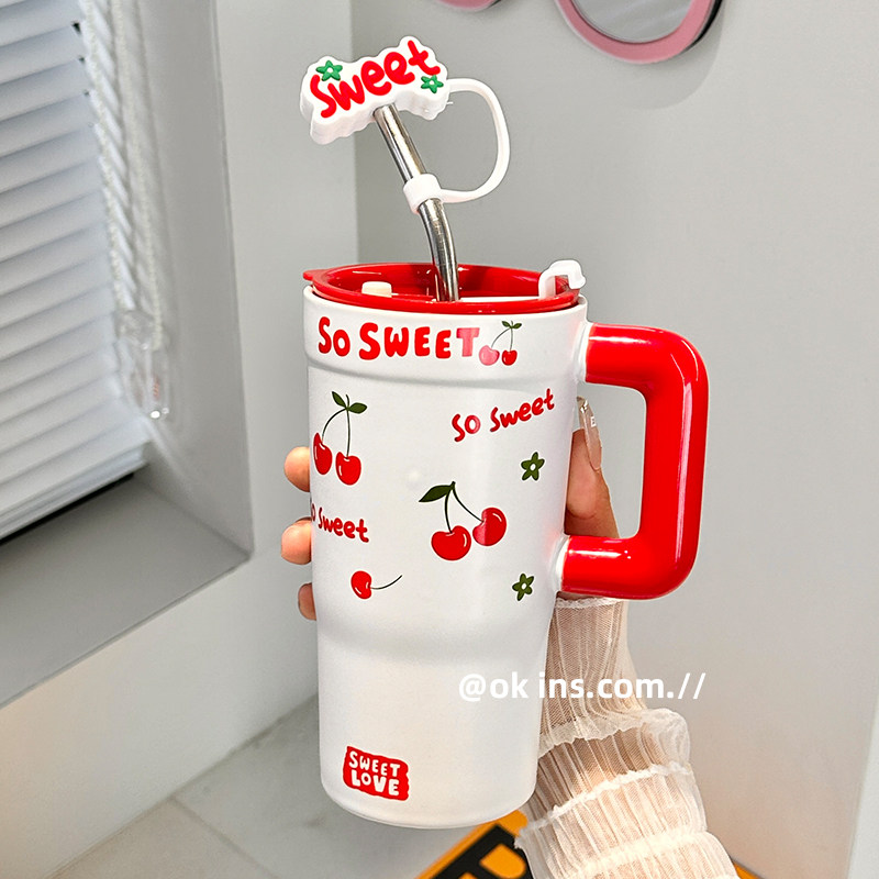 Giant Large-Capacity Dopamine Straw Cup with Handle, New Ceramic Ice Cup, High-Value Double-Drink Cup for Girls