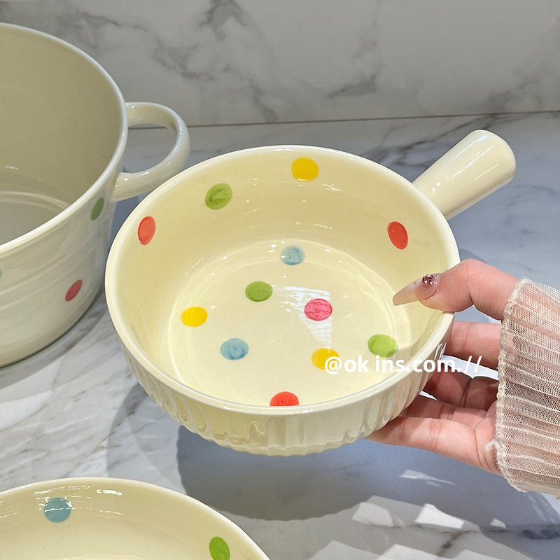 Polka Dot Cute Ceramic Tableware Set Bowl and Plate Rice Bowl Single-Serving Bowl and Plate Set Household Chopsticks Spoon