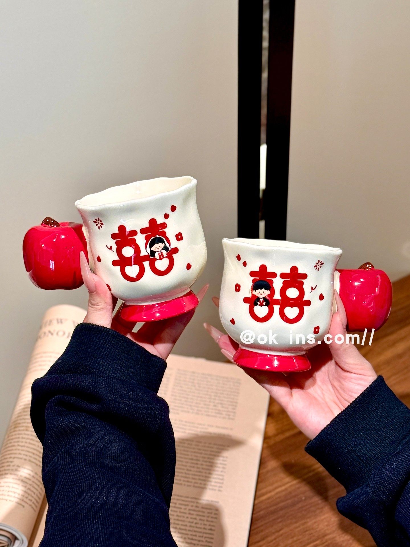Wedding Gift Ceramic Cup with the Character for Happiness, Gift Box with Gift Bag, Cup for the Bride, High-Value Souvenir, Couple's Matching Cups