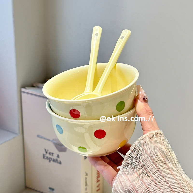 Polka Dot Cute Ceramic Tableware Set Bowl and Plate Rice Bowl Single-Serving Bowl and Plate Set Household Chopsticks Spoon