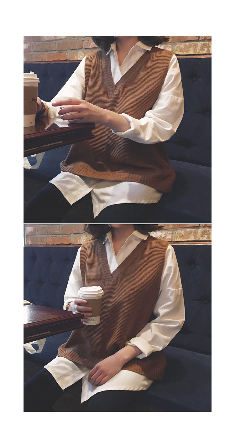 Hàn quốc phiên bản của ulzzang mùa xuân màu rắn hoang dã không tay áo thun áo len vest nữ v-cổ cao đẳng gió áo sơ mi hai mảnh các loại áo len