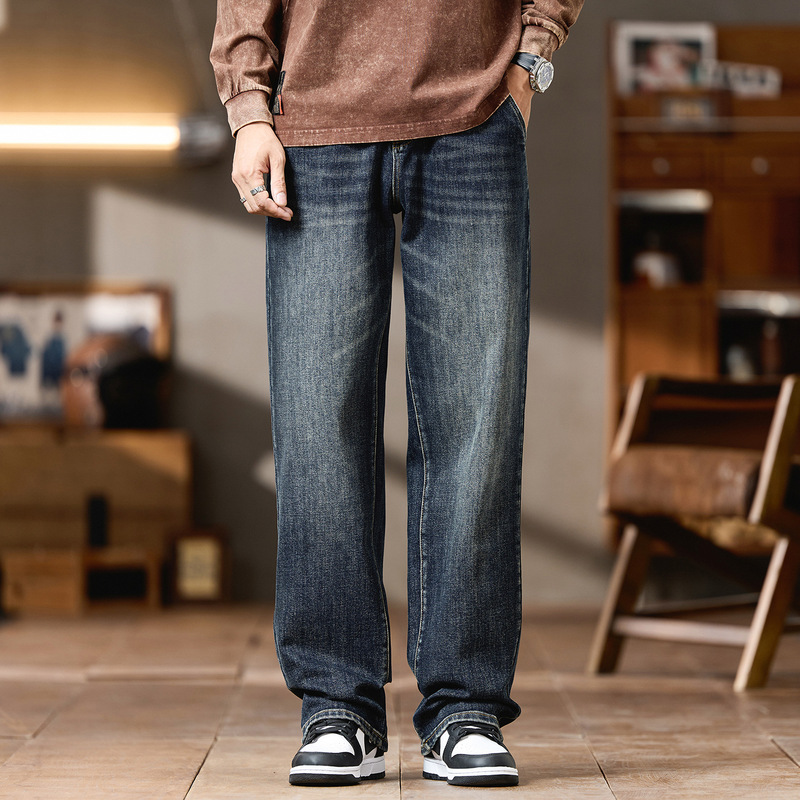 Plus-Size Men's Spring and Summer American High Street Jeans, Extra Large Loose Fit, Slightly Wide Straight-Leg Jeans for Big and Tall Men Plus-Size Men's Spring and Summer American High Street Jeans, Extra Large Loose Fit, Slightly Wide Straight-Leg Jeans for Big and Tall Men