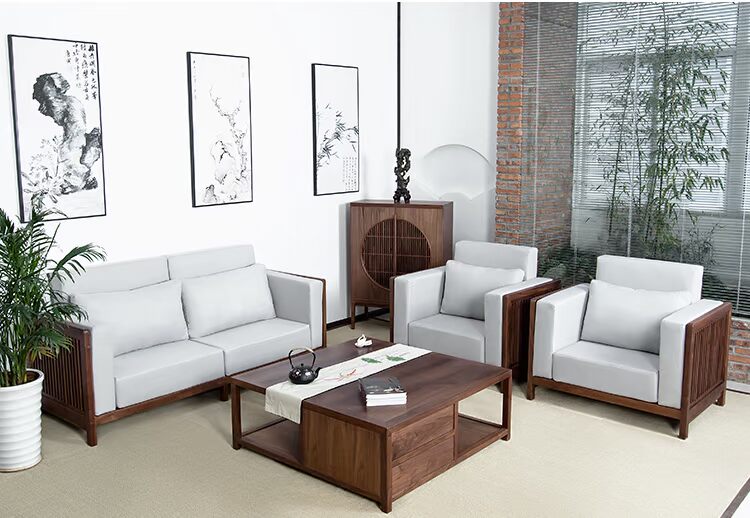 Mới phong cách Trung Quốc sofa bàn cà phê kết hợp đơn giản hiện đại gỗ rắn Biệt thự phòng khách Zen mẫu phòng khách vải sofa - Bộ đồ nội thất đồ gỗ thông minh