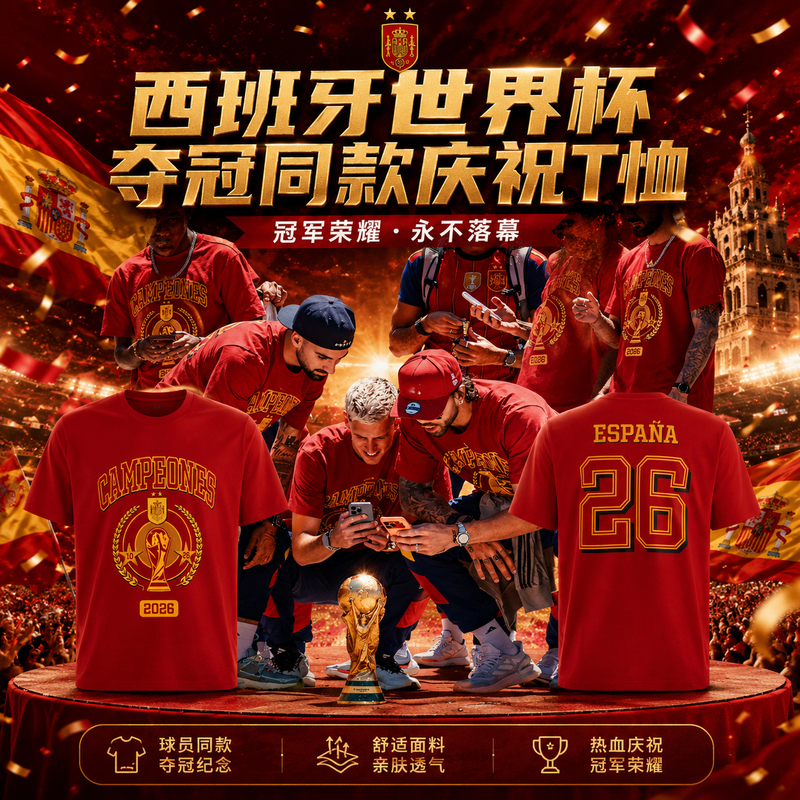 2026 Spain World Cup Championship T-Shirt, Fan Commemorative Football Pure Cotton Yamal Short-Sleeve Double Star 2026 Spain World Cup Championship T-Shirt, Fan Commemorative Football Pure Cotton Yamal Short-Sleeve Double Star