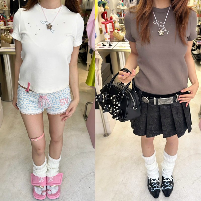【Sultry Virgin】Diamond-Embellished Dolphin Air Layer Short-Sleeve T-Shirt + Leopard Print Lace Shorts