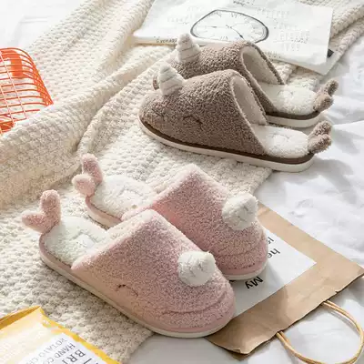 Cotton slippers female winter indoor couple cute cartoon home dormitory soft bottom non-slip wool plus velvet baotou men