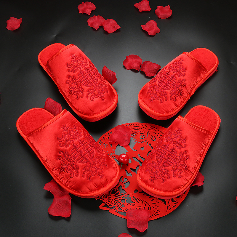 Wedding Celebration Wedding Happy Home Red Cotton Slippers Women Indoor Floor Non-slip Soft Bottom home Use Baotou Male Winter