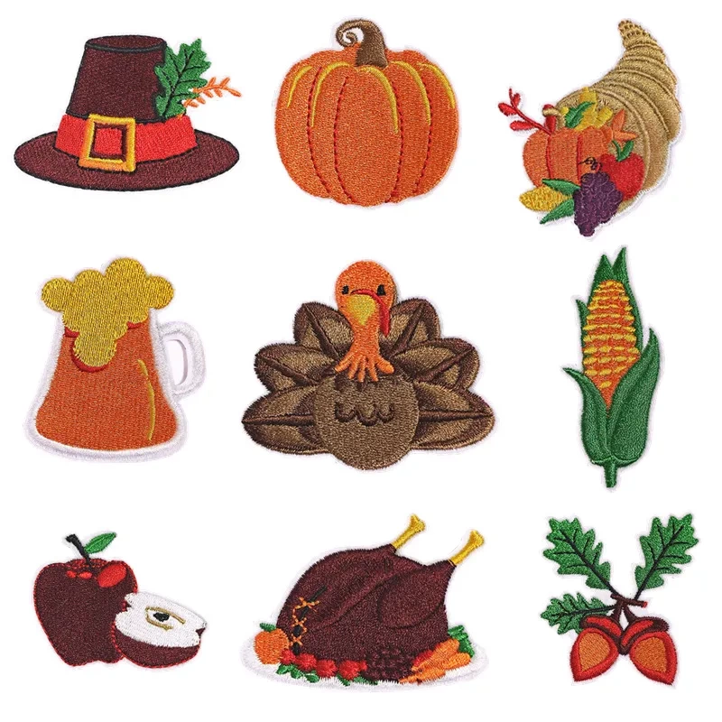 New Autumn Harvest Thanksgiving Cloth Patches Cartoon Turkey Beer Embroidery Patches Apple Pumpkin Embroidered Badges