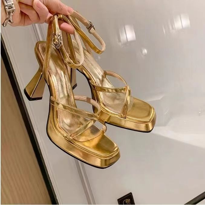 Women's Sandals 2026 New Model Gold High-Heeled Sandals Open-Toe Single Strap Buckle Stiletto Heels to Match Skirts Fairy Style