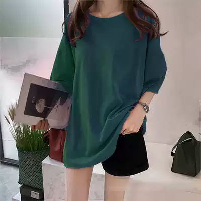 Korean version of Xia fat girl 300 kg light and loose solid color T-shirt pure cotton short-sleeved student pregnant woman simple thin dark green woman