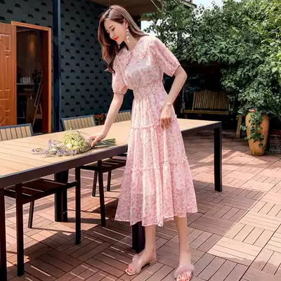 French bellflower retro doll collar women's floral oil painting skirt long skirt dress new summer chiffon long version is thin