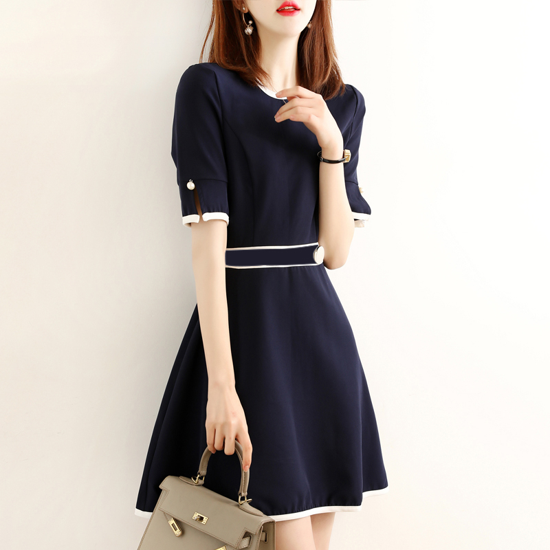 Dress women's summer 2020 new waist thin light luxury temperament waist contrast color round neck short-sleeved A-word skirt