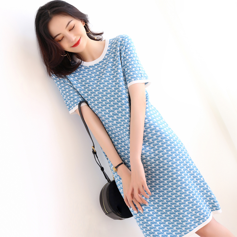 Malcenl klon loose ice linen knitted dress new summer women's Korean version houndstooth short-sleeved skirt