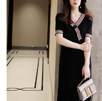Malcenl klon elegant double V neckline eye-hit colour buttoned up small straight cylinder with genuine silk knit one-piece dress black