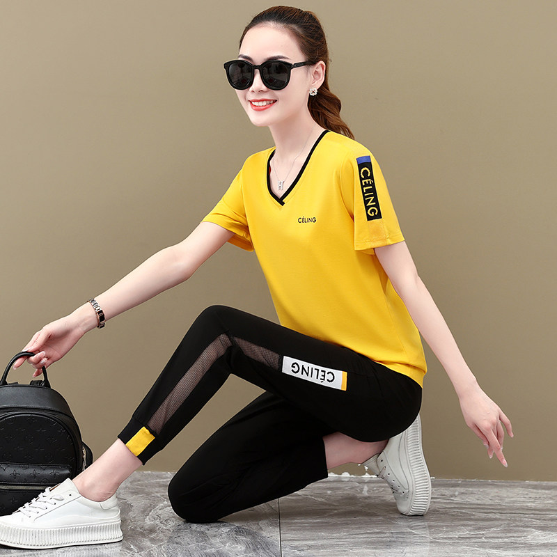 MMQ casual wear sports suit female summer 2022 new thin section breathable short-sleeved slimming Western style age-reducing two-piece suit