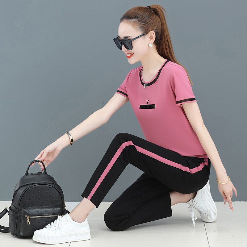 MMQ sportswear suit women's summer clothes 2022 new Korean version of slim fit size casual narrow footed pants two sets of damp