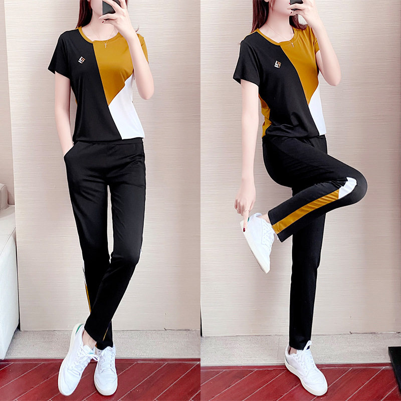 MMQ new sports suit women's summer loose fashion round neck color matching trousers casual ice silk two-piece set