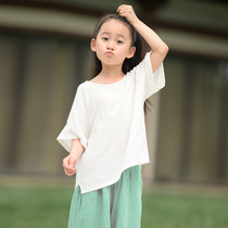 Cotton and linen childrens T-shirt Loose girls literary short-sleeved white T-shirt casual top Chinese style cute
