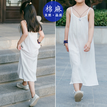 Childrens cotton and hemp strap skirt Beach skirt Base skirt Night dress dress literary and artistic Chinese style seaside