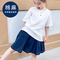 Childrens summer cotton linen short sleeve T-shirt Chinese style round neck shoulder sleeve shirt boys and girls casual wild baby