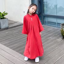 Girls cotton linen dress summer spring autumn children long dress cheongsam dress Chinese skirt