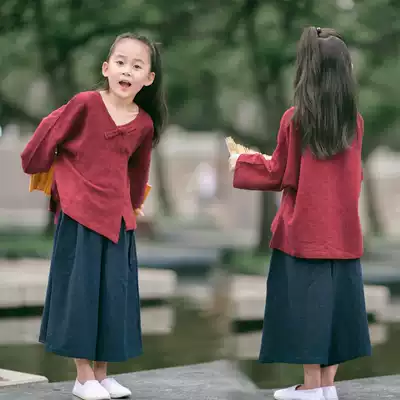 Children's cotton and linen long sleeve spring and autumn literary disc buckle top cotton linen T-shirt Academy clothing tea suit Chinese style retro